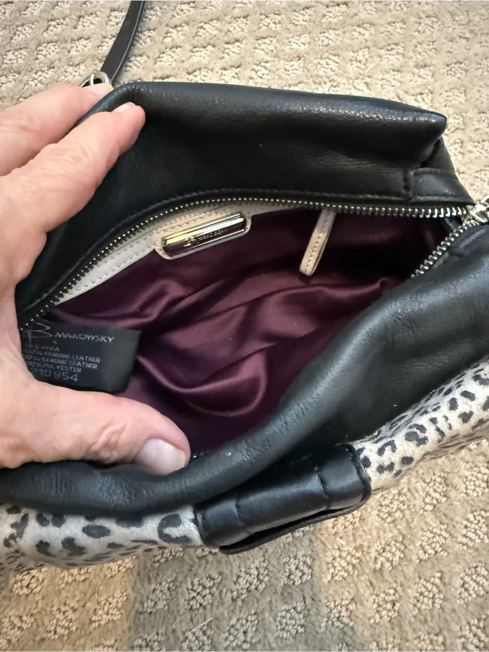B. Makowsky Black Leather Crossbody Bag with Gray Leopard Print